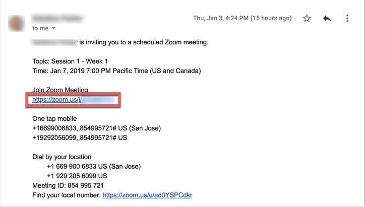 Sample Zoom email invitation with link to the meeting under the heading Join Zoom Meeting
