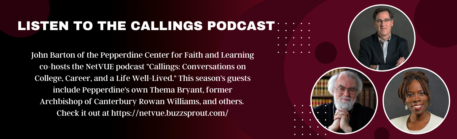 Callings podcast advertisement with photos of John Barton, Rowan Williams and Thema Bryant