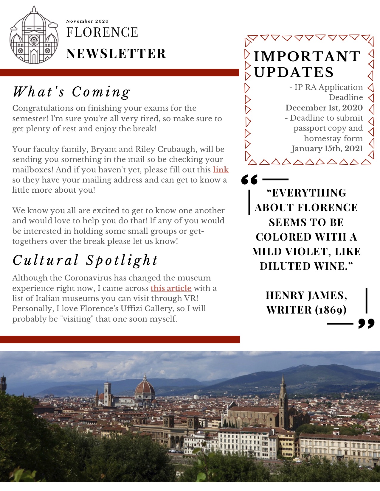 Florence November 2020 Newsletter