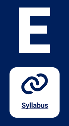 Letter E vertical banner with link icon.