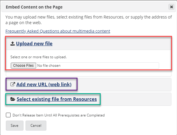 Embed Content on the Page Upload New File Add new URL Select existing file from Resources