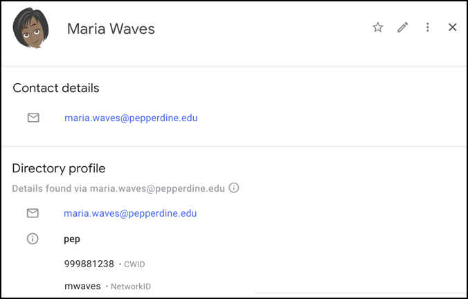 Example of Pepperdine Google Mail Contact Details
