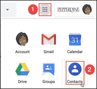 Pepperdine Google Mail Contacts button from the Apps menu