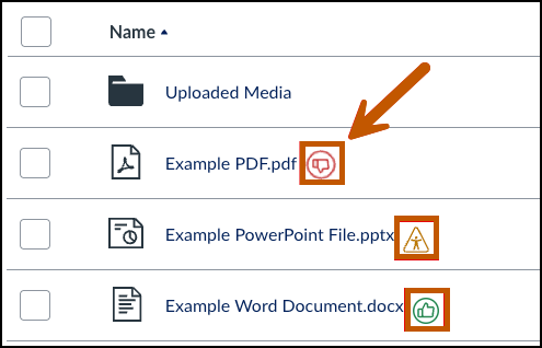 YuJa Panorama status icons feature next to files in Pepperdine Canvas.
