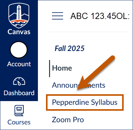 Pepperdine Canvas class site menu with Pepperdine Syllabus tool highlighted.