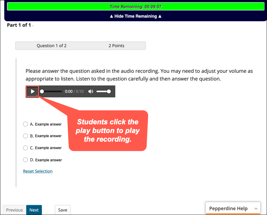 Students can click the play button within the question to play the audio.