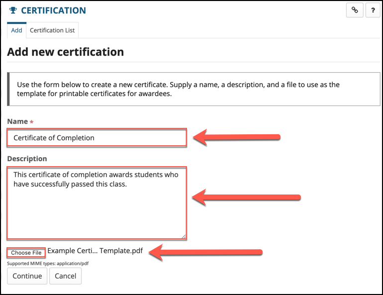 Adding a new certification requires a title and an uploaded file.