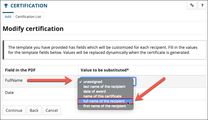 Map the values fields to the corresponding data fields on the Certificate PDF.
