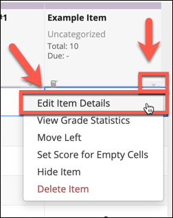 The drop-down icon below a gradebook item column heading once clicked will reveal the option to edit item details.