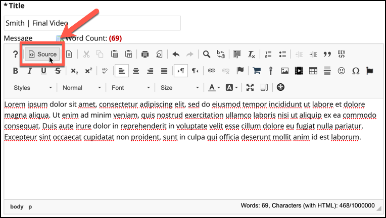 The "Source" button is located at the top-left of the Rich Text Editor's palette.