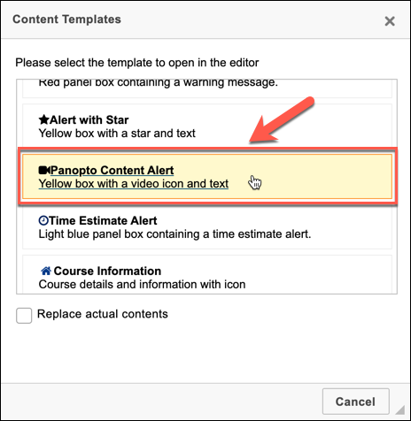 The "Panopto content alert" is beneath the "Alert with Star" in the drop-down.