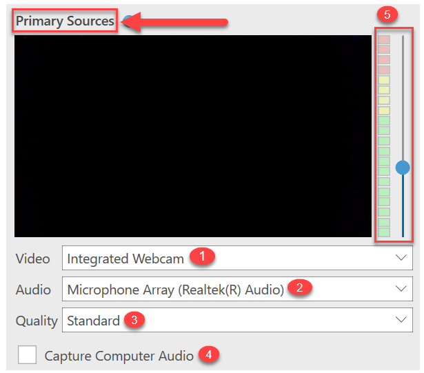 Primary Sources Video, Audio, Quality, Capture Computer Audio, and Volume Bar (Audio Volume)