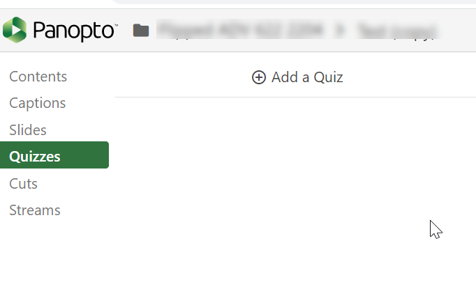 A screenshot depicting the quizzes tab, and where to add a quiz