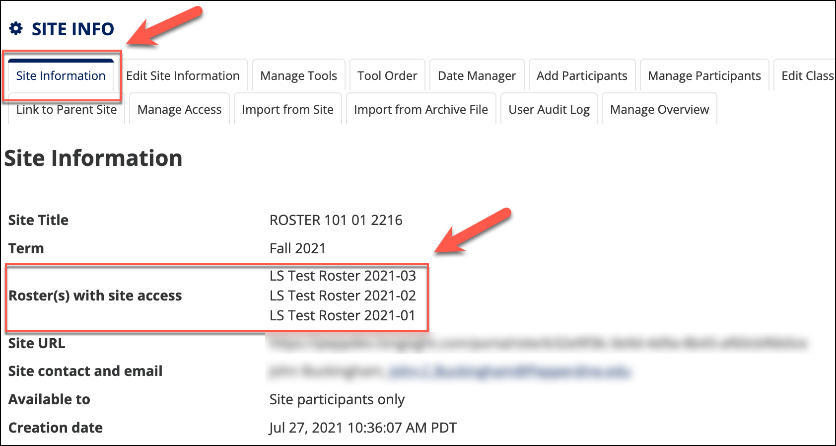 Verify all added rosters within the Site Information tab.
