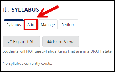Click the add tab in the syllabus tool to add a new item.