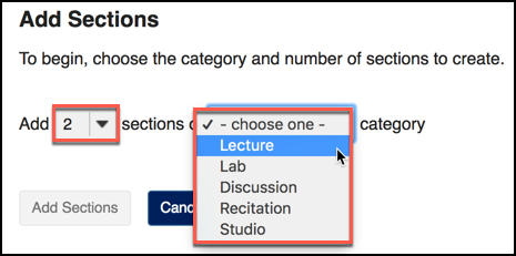 Use the drop-down menus to declare the number and type of sections to add.