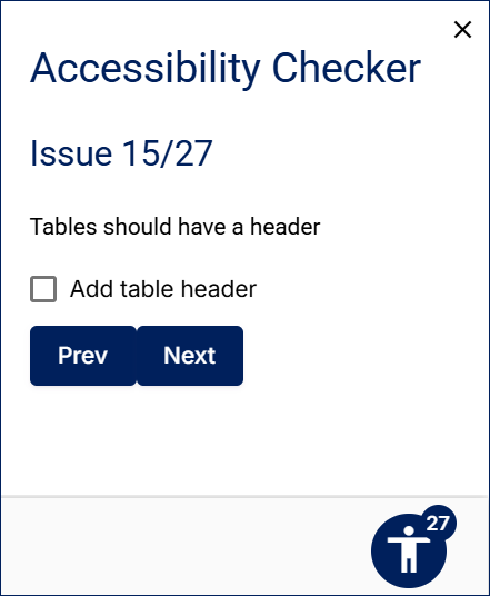 Example accessibility issue highlighted in the accessibility checker about a table missing headers. The alert shows the total number of issues in the syllabus and the number of the specific issue at hand.