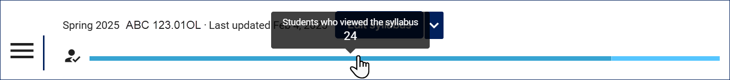 The student view progress bar appears at the top of the published syllabus. When the bar is highlighted, it says that 24 students have viewed the syllabus.