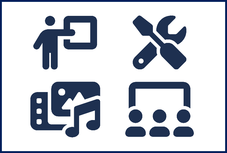 Collection of icons featuring a professor lecturing, media sharing, tools, and students watching online.