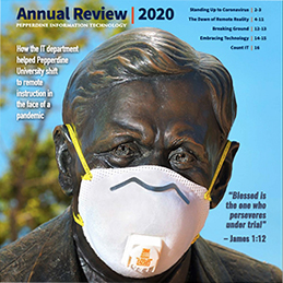 IT Annual Review cover featuring George Pepperdine statue wearing a mask