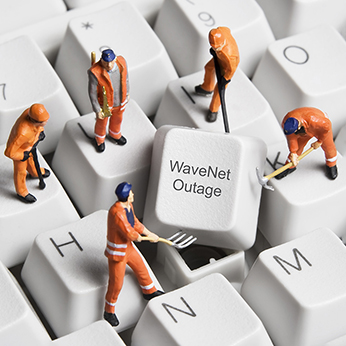 Illustration of workers at a keyboard digging out a key that reads 'WaveNet Outage'